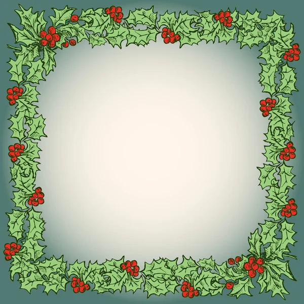 Tarjeta Navidad Vectorial Con Marco Floral Dibujado Ramas Acebo Con — Vector de stock