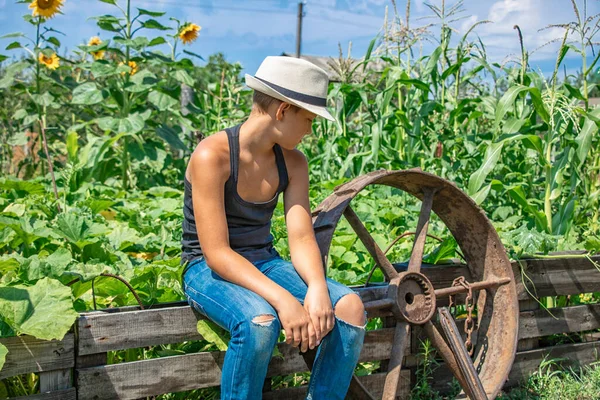 Verano niño en un sombrero de niño en la naturaleza feliz en la naturaleza en el pueblo —  Fotos de Stock