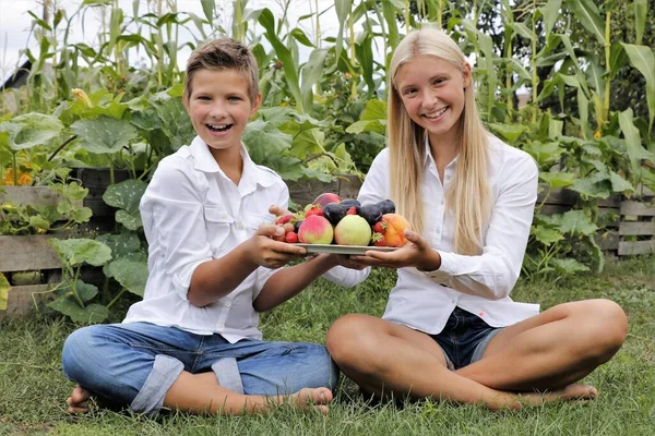 children happy in nature eat fruits and vegetables corn in summer and autumn