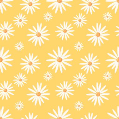 Sarı arka planda papatya çiçekli pürüzsüz desen. Vektör.