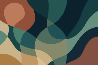 Yeşil, kahverengi, bej ve deniz mavisi tonlarında pürüzsüz örtüşen şekiller içeren modern bir soyut geometrik arkaplan. Minimalist tasarım şık ve zarif bir tasarım yaratır..