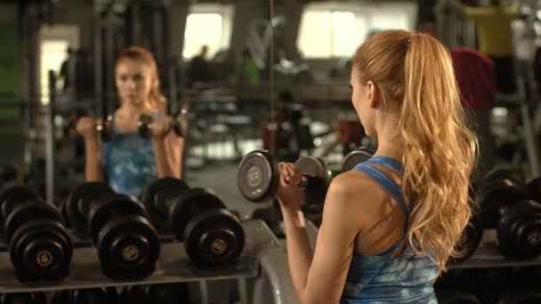 年轻的红头发运动员在健身房锻炼使用重哑铃运动健身生活方式健康动机塑造调色锻炼训练运动体能体育俱乐部努力概念 — 图库视频影像