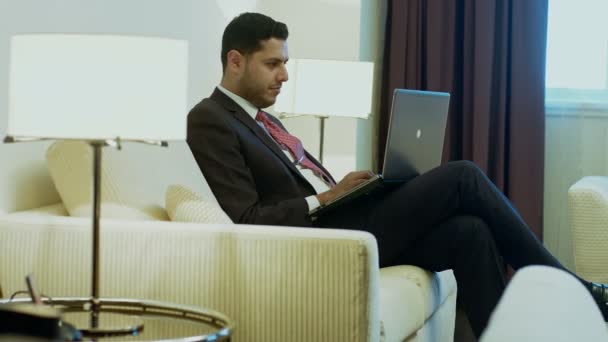 Businessman Working His Laptop Typing Surfing Internet Doing Some Paperwork — Stock Video