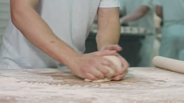 Cook Rolls Out Dough Works Famous Restraunt Wears White Working — Stock Video