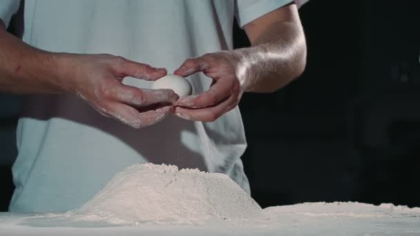 Chef Famous Restraunt Breaks Egg Flour White Shirt Going Cook — Stock Video