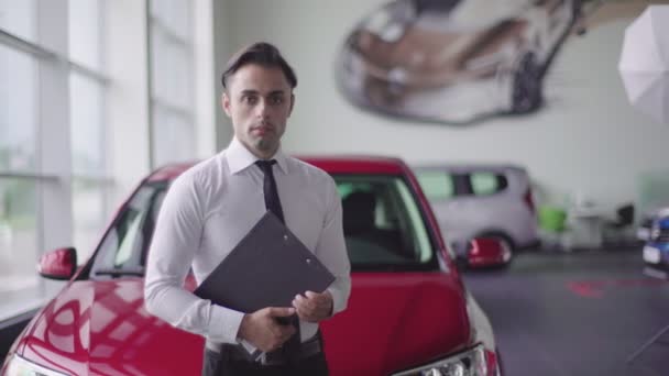 Salesman Showing Way Clients Smiling Wears White Shirt Black Tie — Stock Video