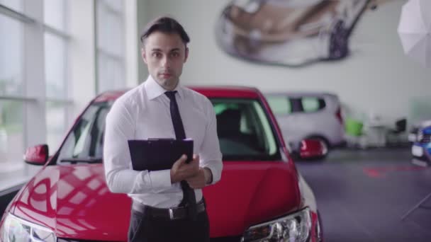 Salesman Showing Way Clients Smiling Wears White Shirt Black Tie — Stock Video