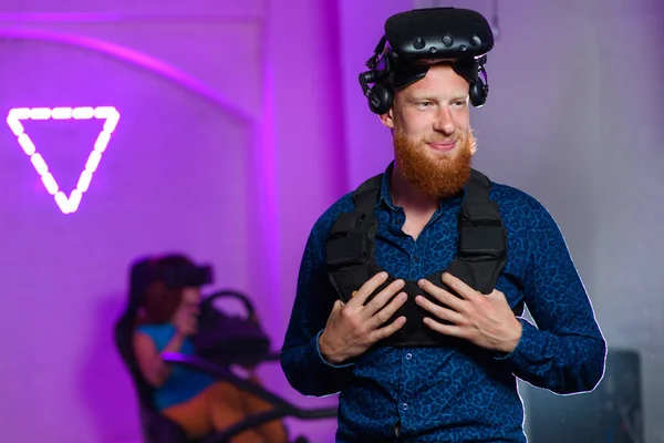 Young Guy Red Beard Playing Virtual Reality Games Stock Image