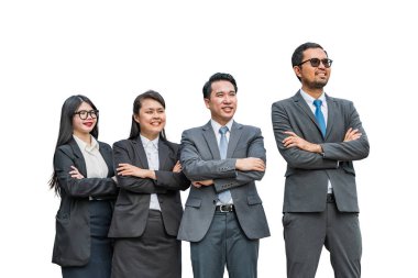 İki iş kadınları ve iki işadamı bir mesafe içine bakarak wi