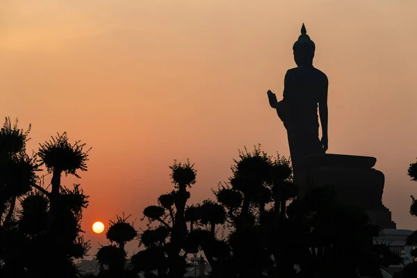 Abhaya Mudra pozunda ayakta duran Buda heykelinin silueti. — Stok fotoğraf