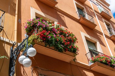 Tarragona'da renkli çiçeklerle dolu balkon