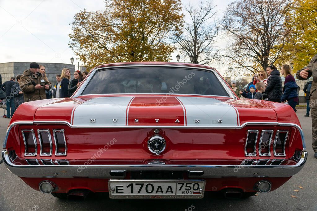 MOSCOW, RUSSIA - OCTOBER 19, 2019: Rear view of FORD Mustang at the exhibition of retro cars in Gorky park