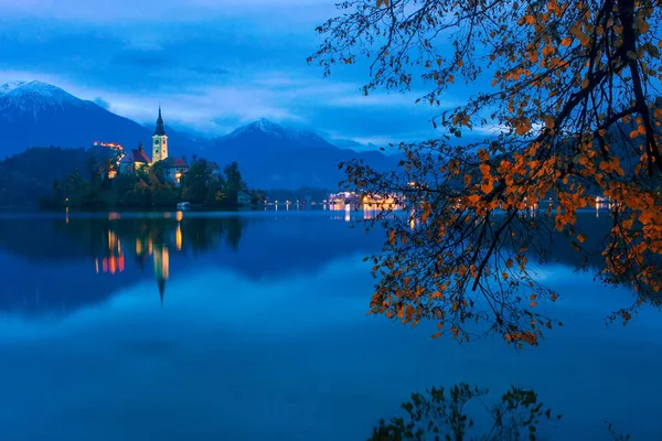 Bled Sjön Och Pilgrimsfärd Kyrkan Antagandet Maria Återspeglas Vatten Med — Stockfoto