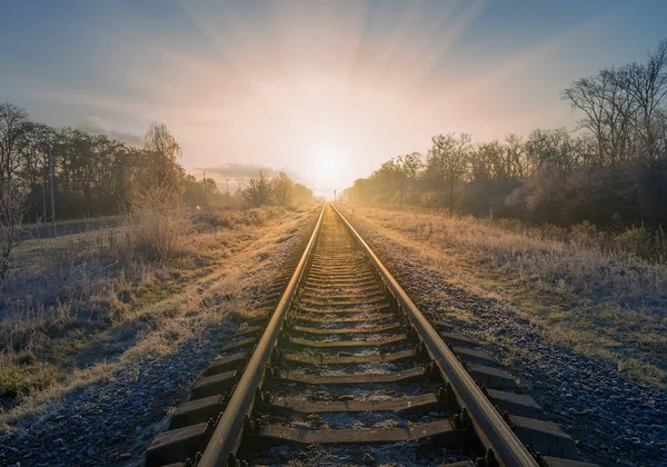 Scenic View Railway Going Straight Ahead Winter Field Covered Frost — Stock Photo, Image