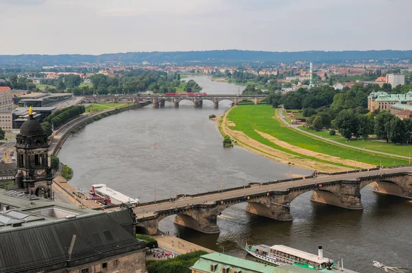 Frauenkirche Havadan Görünümden Elba Nehir Augustus Köprüsü Dresden Almanya — Stok fotoğraf