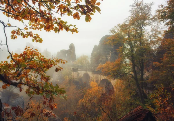 Bastei Bridge, Sakson İsviçre Ulusal Parkı, Almanya'daki Sisli sabah sonbahar sahne şaşırtıcı. Bastei ve Ore Mountains - Saxony'deki / daki popüler seyahat hedef