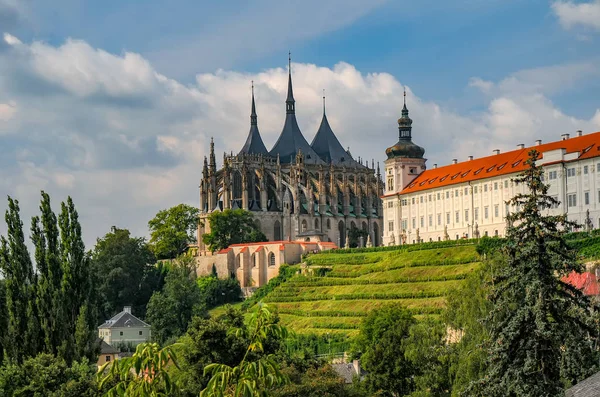 Güneşli yaz günü, Kutna Hora town, Çek Cumhuriyeti, Avrupa'nın tarihi merkezinde doğal görünümünü. Cathedral St Barbara ve Cizvit Koleji. UNESCO Dünya Mirası sit alanı