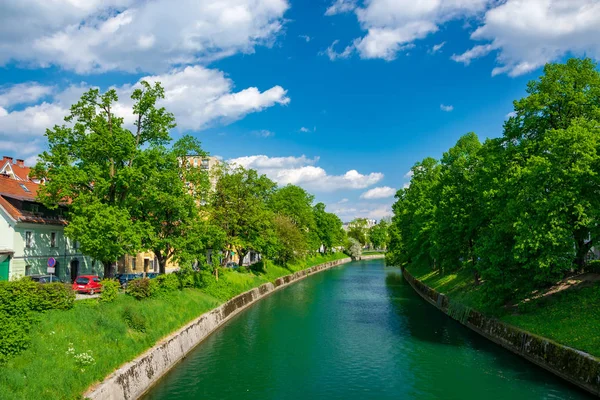 Festői Kilátással Ljubljanica Folyó Partján Történelmi Központ Ljubljana Szlovénia Napos — Stock Fotó