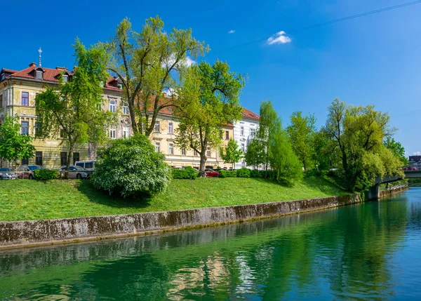 Schilderachtig Uitzicht Dijk Van Rivier Ljubljanica Oude Gebouwen Het Historische — Stockfoto