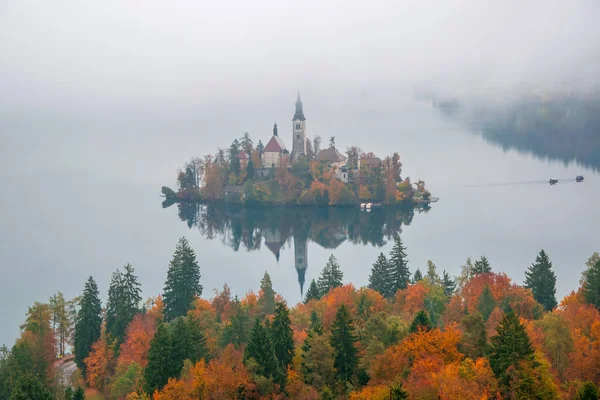 Increíble vista del lago Bled en la nebulosa mañana de otoño — Foto de Stock