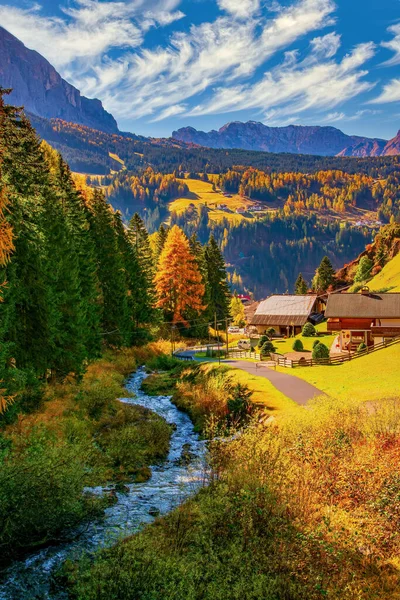 Осенний Пейзаж Доломитовых Альп Быстрая Река Красочные Холмы Скалистые Горы — стоковое фото