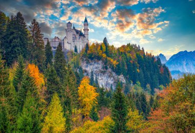Neuschwanstein Farytale Şatosu 'nun nefes kesici sonbahar manzarası gün doğumunda Bavyera, Almanya