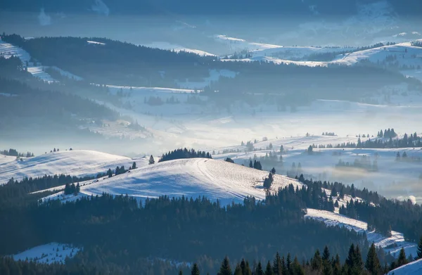 Landschappelijk Uitzicht Winterbergen Winterochtend Het Besneeuwde Bergdal Met Mist Verspreidt — Stockfoto