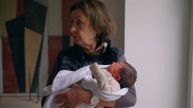 Büyükanne sevgiyle kundaklanmış yeni doğmuş bir bebeği kollarında tutuyor. Büyükannem, bebekle ilgilenirken şefkatle aşağı bakar. Bir anlık bağ ve özen gösterir..