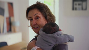 Büyükannem yeni doğmuş bir bebeği omzunda tutuyor, kameraya bakarken sıcak bir gülümseme gösteriyor, aile bağının hassas bir anını gösteriyor..