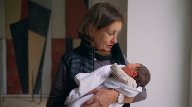 Büyükanne sevgiyle kundaklanmış yeni doğmuş bir bebeği kollarında tutuyor. Büyükannem, bebekle ilgilenirken şefkatle aşağı bakar. Bir anlık bağ ve özen gösterir..