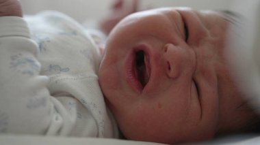 Yeni doğmuş bebek yatakta yatıyor, gözleri sonuna kadar açık, merakla etrafı keşfediyor. Bebek yüzü merak ve ilgi gösteriyor, doğal, yumuşak ışık içeride.