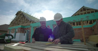 Ahşap, takım çalışması ve doğruluğu işaretleyen iki inşaatçıya yakın çekim, ev yapımı, konut projesi devam ediyor, kalın şapkalar, aletler ve malzemeler ile çalışabilir-SD 480p.mov