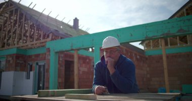 İnşaat işçisi inşaat alanında proje düşünüyor, eli çenesinde, ev yapısı ve arka planda çerçevesi olan düşünceli bir erkek inşaat işçisi.