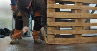 İnşaat alanının zemininde ahşap paleti ayarlayan işçiler, el emeği, el işi, el işi, inşaat malzemeleri, iş başında takım çalışması, aktif inşaat ortamı