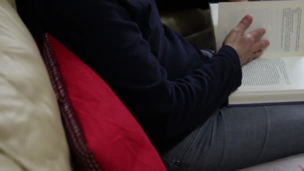Una Mujer Hojeando Libro Sentado Cómodamente Sofá — Vídeos de Stock