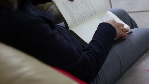 Μια Γυναίκα Που Ξεφυλλίζει Ένα Βιβλίο Κάθεται Άνετα Στον Καναπέ — Αρχείο Βίντεο