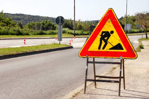 Panneau Routier Pour Les Travaux Construction Dans Rue Ville Route — Photo