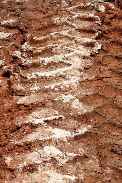 Traktör, Ekskavatör, Araba, çamurlu izinde otomotiv lastik izleri. Yağmur sonra yolda çamur ve tekerlek iz. Kamyon tekerleği parça yağmurlu günde ile çamur. Arka plan, doku, desen, malzeme, duvar kağıdı.