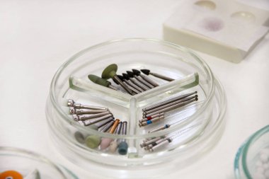 Diş matkap mermilerin. Diş ekipman, matkaplar, aşındırıcılar, diş bur Lehçe bur Petri kabına cam içinde yuvarlak yüzey taşlama, kanallar için. Araçları iş dişçi için. Diş Hekimliği için belirli Tıbbi aygıtlar.