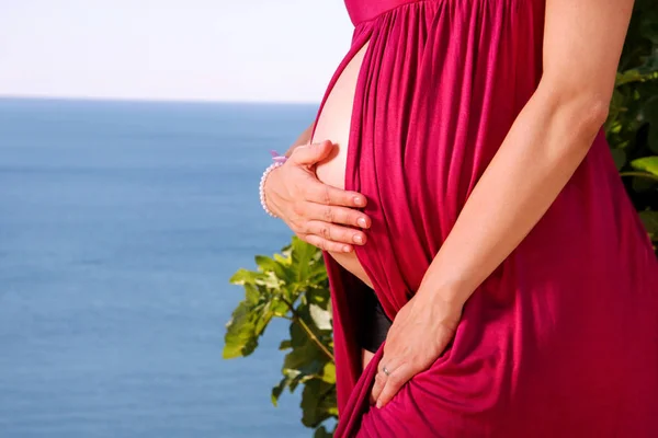 Mooie Zwangere Dame Knuffelen Houden Haar Zwangere Buik Staan Natuurlijke — Stockfoto