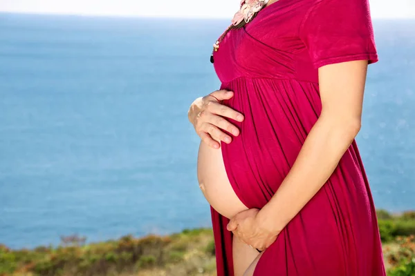 Mooie Zwangere Dame Knuffelen Houden Haar Zwangere Buik Staan Natuurlijke — Stockfoto