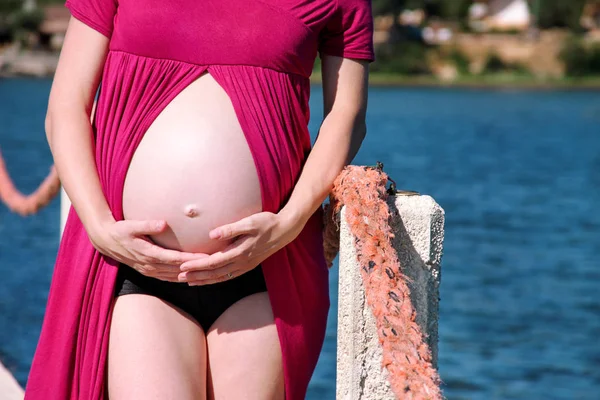 Mooie Zwangere Dame Knuffelen Houden Haar Zwangere Buik Staan Natuurlijke — Stockfoto