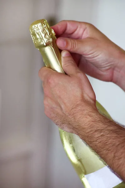 Man Opening Bottle Champagne Waiter Opens Bottle Wine Man Hands — Stock Photo, Image