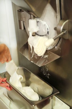 Kadın pudra Ice cream maker makina üzerinde çalışıyor. Vanilya ve beyaz çikolatalı dondurma ve üreten çelik konteyner içine düşüyor. İtalyan kremalı dondurma endüstriyel hazırlanması.