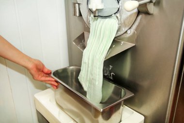 Şef üniforma içinde kadın pudra Ice cream maker makina üzerinde çalışıyor. Nane dondurma lezzeti ve üreten çelik konteyner içine düşüyor. İtalyan kremalı dondurma endüstriyel hazırlanması.