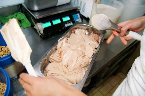 Dondurma fabrikasında çalışan kadın parçalar, parçalar ve fındıklı çelik kap içinde meyvesi ile fındık aromalı kremalı dondurma süsle. Dondurulmuş dondurma ile tepsisinde fındık dökme.