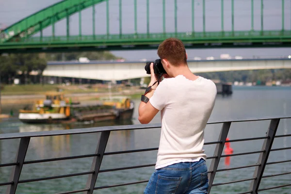 Professional Photographer Examining Scenery Taking Pictures Environment Architecture Urban Elements — Stock Photo, Image