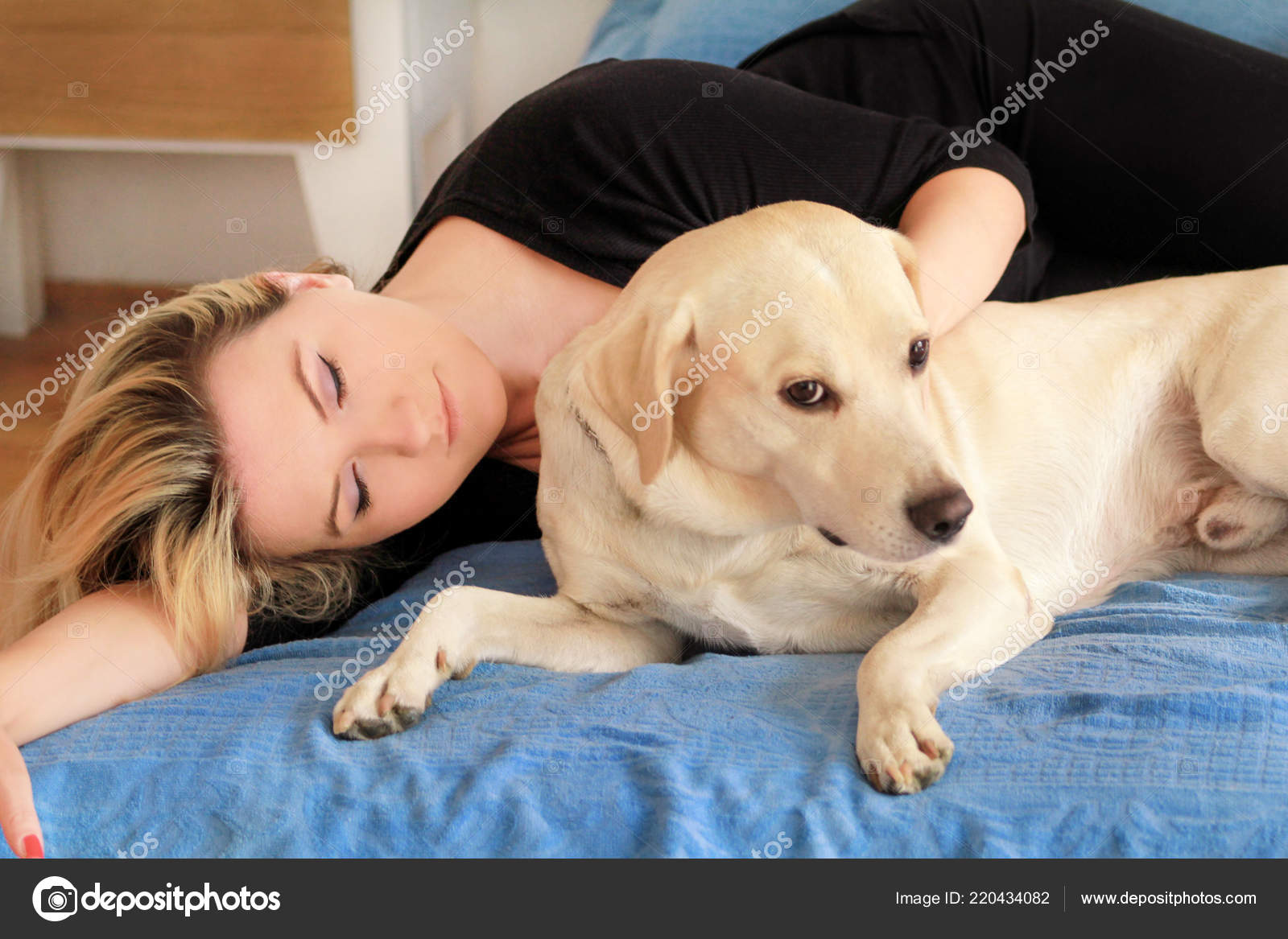 Woman Cute Dogs Home Handsome Girl Resting Sleeping Her Dog
