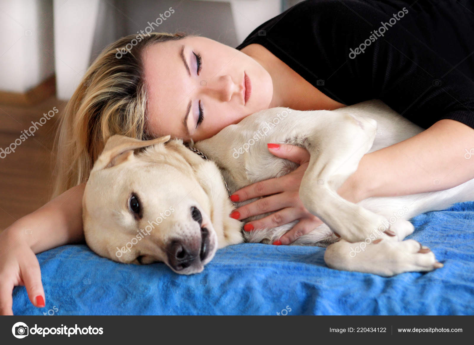 Woman Cute Dogs Home Handsome Girl Resting Sleeping Her Dog