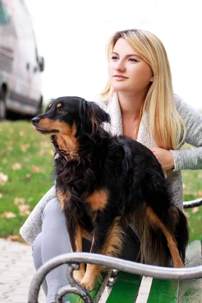 Belle Femme Avec Son Petit Chien Métis Assis Posant Devant — Photo